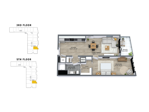 Floor plan for 1 bed, 1 bath, 883 sqft